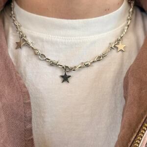 Y2K 2000s Silver Barbed Wire Triple Star Pendant